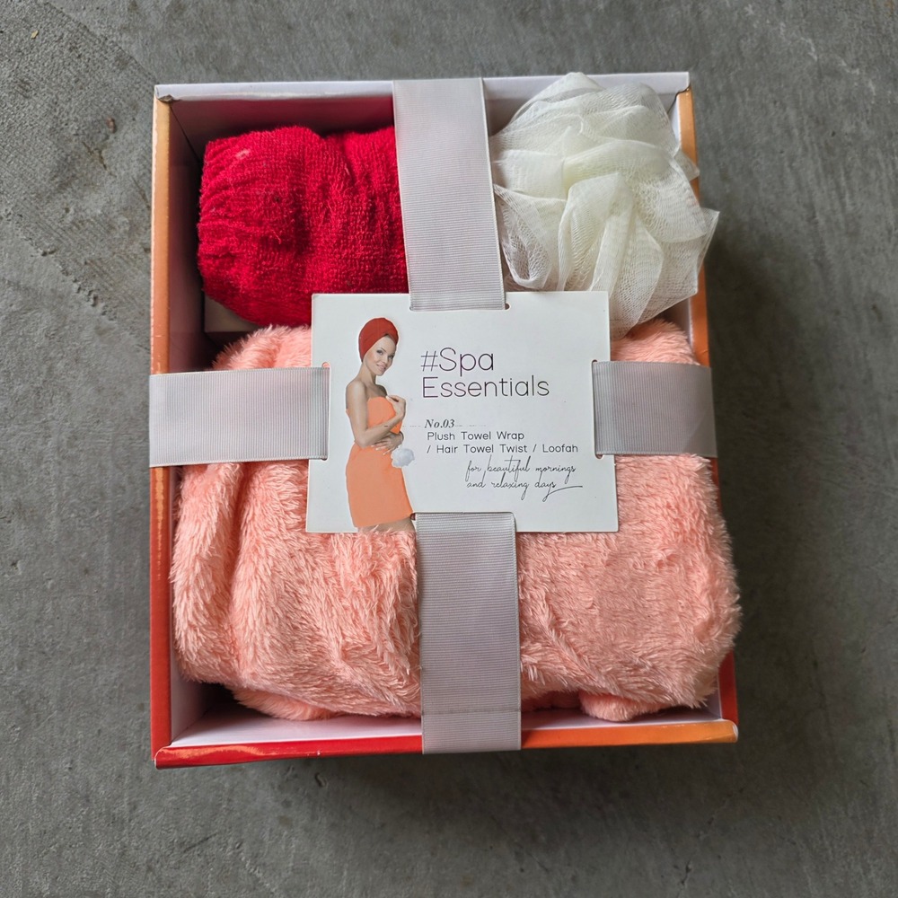 Spa Essentials 3 Piece Bath Set Plush Towel Wrap Hair Twist Loofah Peach Red New
